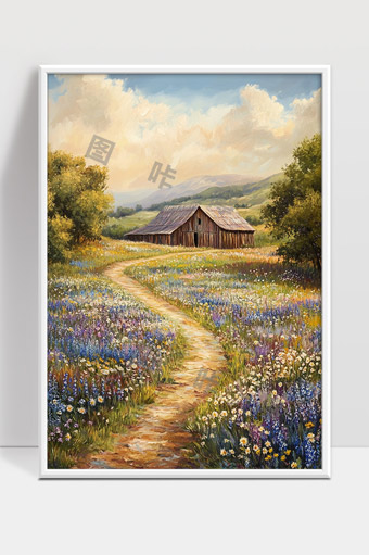 田野花海小路通向宁静木屋风景画