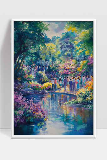 春日花园中人们漫步赏花的美丽景象