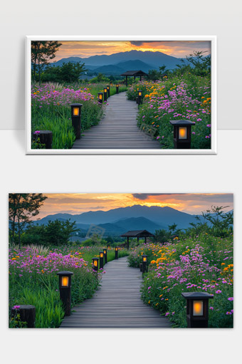 夕阳下花海步道的宁静自然美景和远山风光