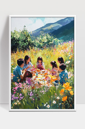 阳光下花海中家庭野餐温馨幸福时光画面