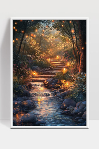 幽静溪流夜晚林间小径灯火点点梦幻美景