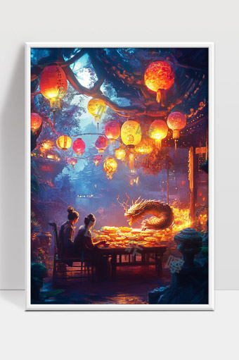 古风灯笼映照下的祥和中秋团圆夜