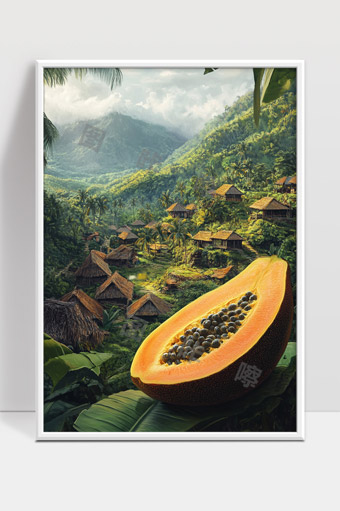 热带雨林中椰子村庄与新鲜木瓜的自然田园风光