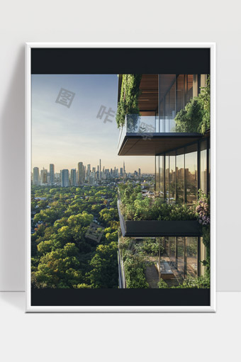 现代城市高楼绿植阳台与自然景观完美融合