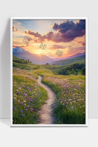 夕阳下花海与山间小径的宁静美景
