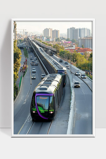现代城市轨道交通列车穿行繁忙都市道路景象