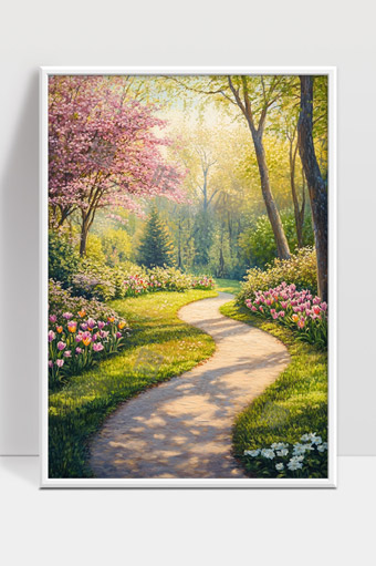 春日公园林间小径繁花盛开景色温暖宜人