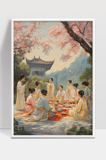 古代女子庭院赏春宴会描绘美好生活场景