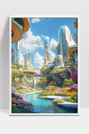 未来城市中的生态花园水系与高科技建筑融合景观