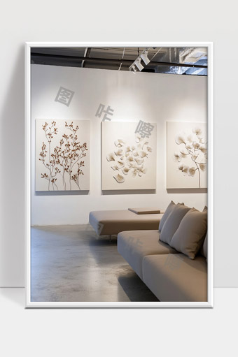 现代简约风格客厅植物装饰画和舒适沙发布局