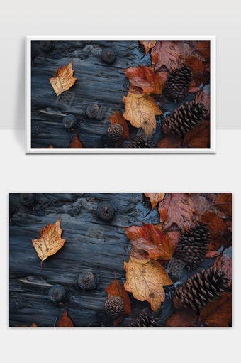 秋天落叶和松果布满古老树桩上的自然景象