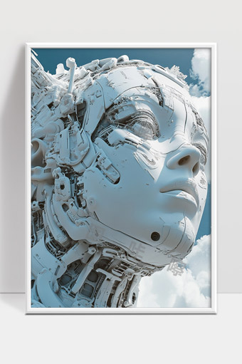 未来科技机械人类机械面孔融合未来科技感雕塑
