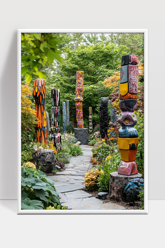 森林中的多彩雕塑艺术长廊自然景观融合