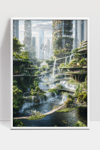 未来城市绿色生态建筑与瀑布水景和谐共融景观