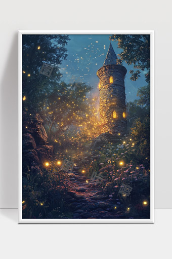 森林深处神秘古塔夜晚萤火虫环绕梦幻景象