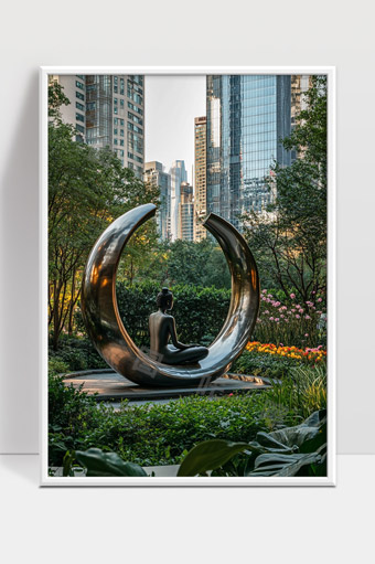 都市公园内现代雕塑与自然景观和谐共存美丽画面