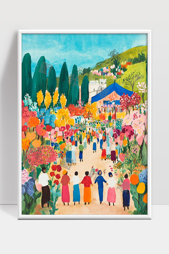 缤纷花海中欢乐人群春日欢愉庆典场景