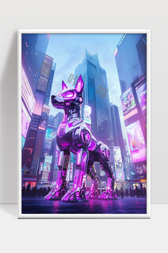 未来都市中的机械朋克机器狗守护者