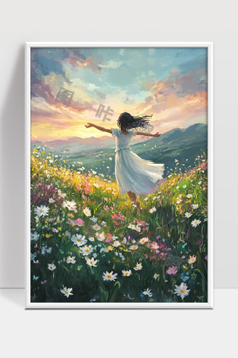 花海中自由舞动的少女迎接朝霞温暖的时光