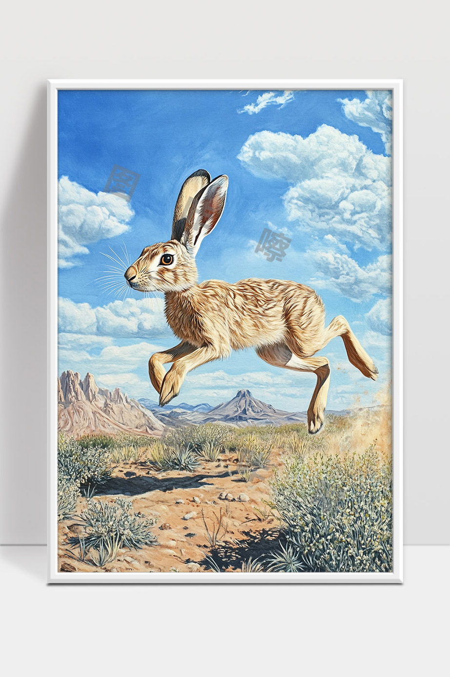 蓝天下荒野中灵动跳跃的兔子写实油画艺术