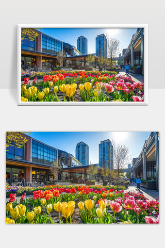 城市春日阳光下绽放的多彩郁金香花海