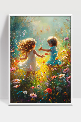 童年花海中阳光下无忧无虑的快乐时光