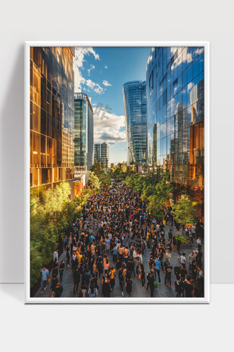 繁华都市现代建筑中人潮涌动的街道景象