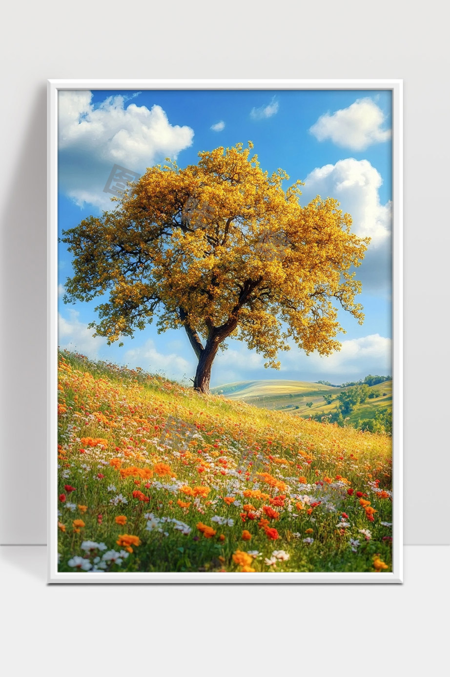 金秋季节孤独古树与花海美丽田园风光