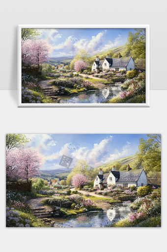 宁静乡村春日风光溪流花海乡间小屋美景