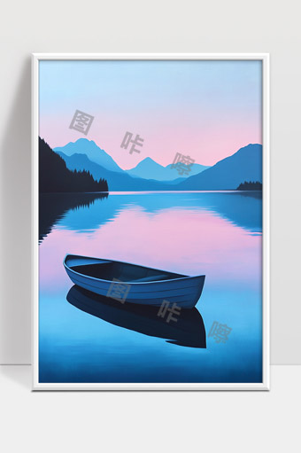 宁静湖面上的独木舟山水倒影景色优美