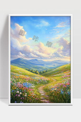 春日花海绿草如茵山间蜿蜒小路景色怡人