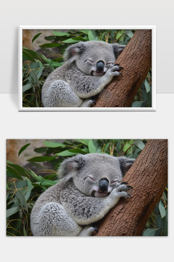 宁静睡梦中的考拉抱树休憩自然生态美景