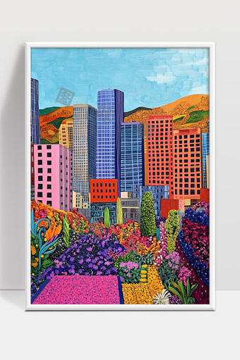 色彩缤纷城市花园与高楼背景美丽景致
