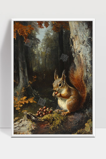 森林秋日松鼠觅食坚果的静谧自然画面