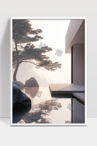 宁静水岸现代建筑与松树自然景观融合之美