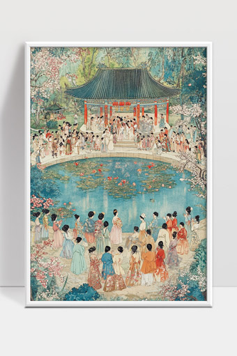 古代园林桃花春日仕女聚会赏景图