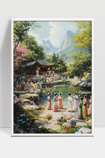 古代山水庭院中盛装女子聚会赏景图