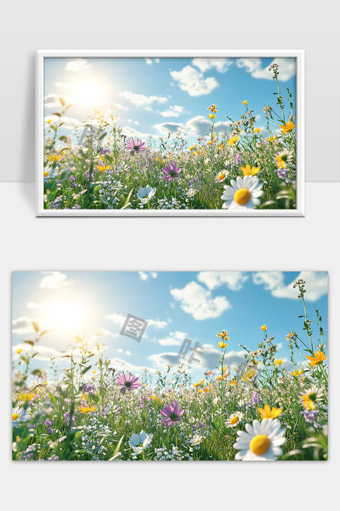 阳光下春夏季野花盛开的美丽自然景色