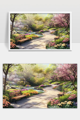 春日花园小径美景绿树鲜花悠闲静谧环境