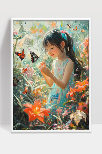 童年花海中的少女与翩翩飞舞的蝴蝶梦境