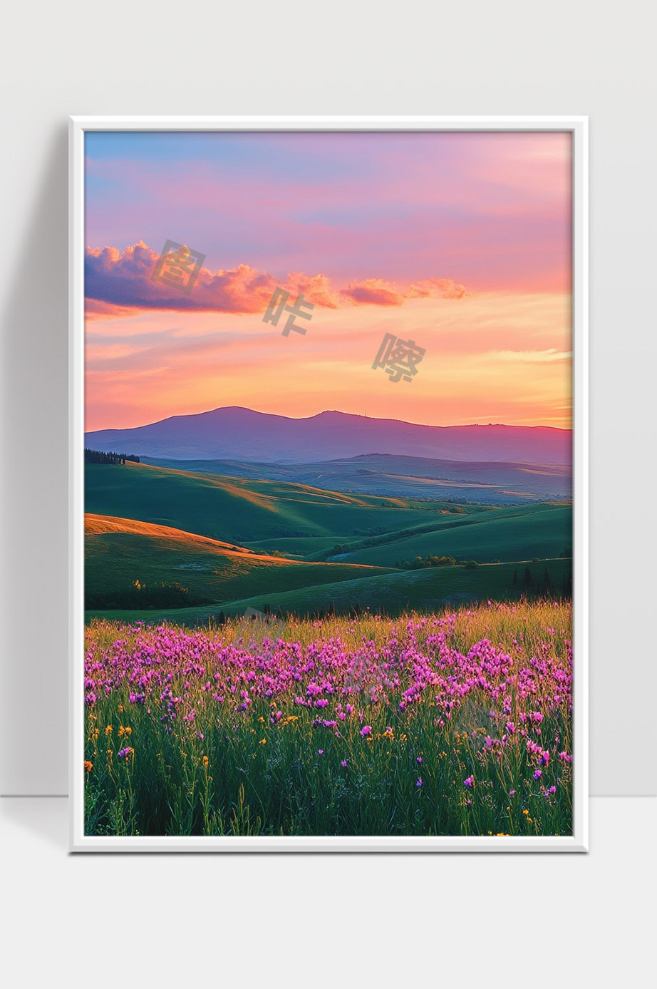 夕阳映照下广袤山丘与绚丽花海美景