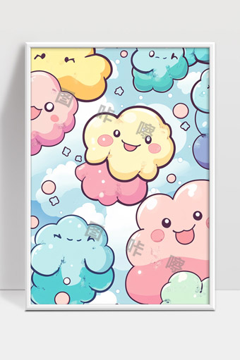 可爱卡通云朵快乐表情梦幻天空插画背景