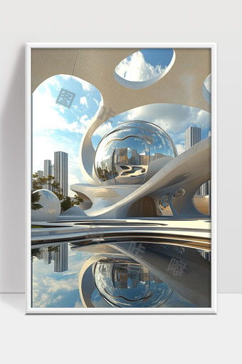 未来城市中的现代科幻建筑与镜面球体反射