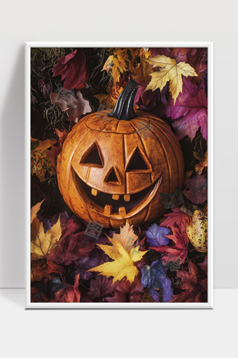 万圣节南瓜灯与秋天枫叶的唯美组合