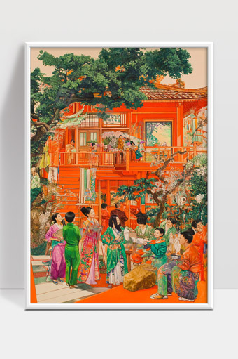 古代庭院聚会人物赏花盛景