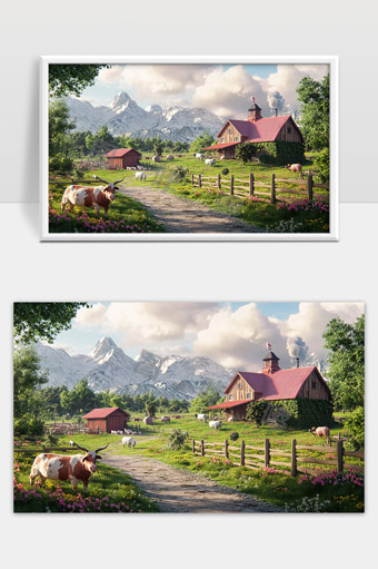 宁静牧场乡村风光雪山背景牧牛田园美景