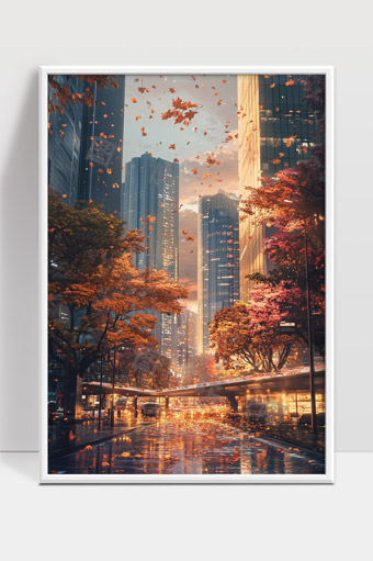 秋日都市落叶缤纷现代建筑街景夕阳映照