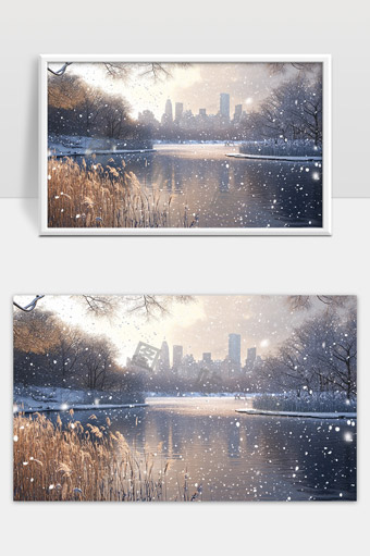 雪落城市湖畔冬日宁静晨景美丽自然风光