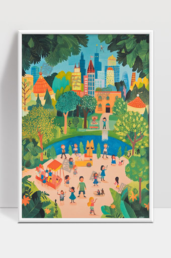 城市公园中的欢乐时光人与自然共融的美好场景