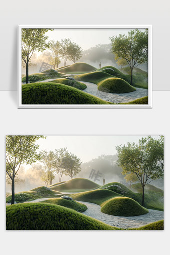 晨雾笼罩下的绿色起伏山丘与自然风光